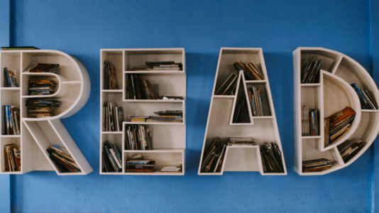 Bookcases in the shape of the letters spelling "Read."