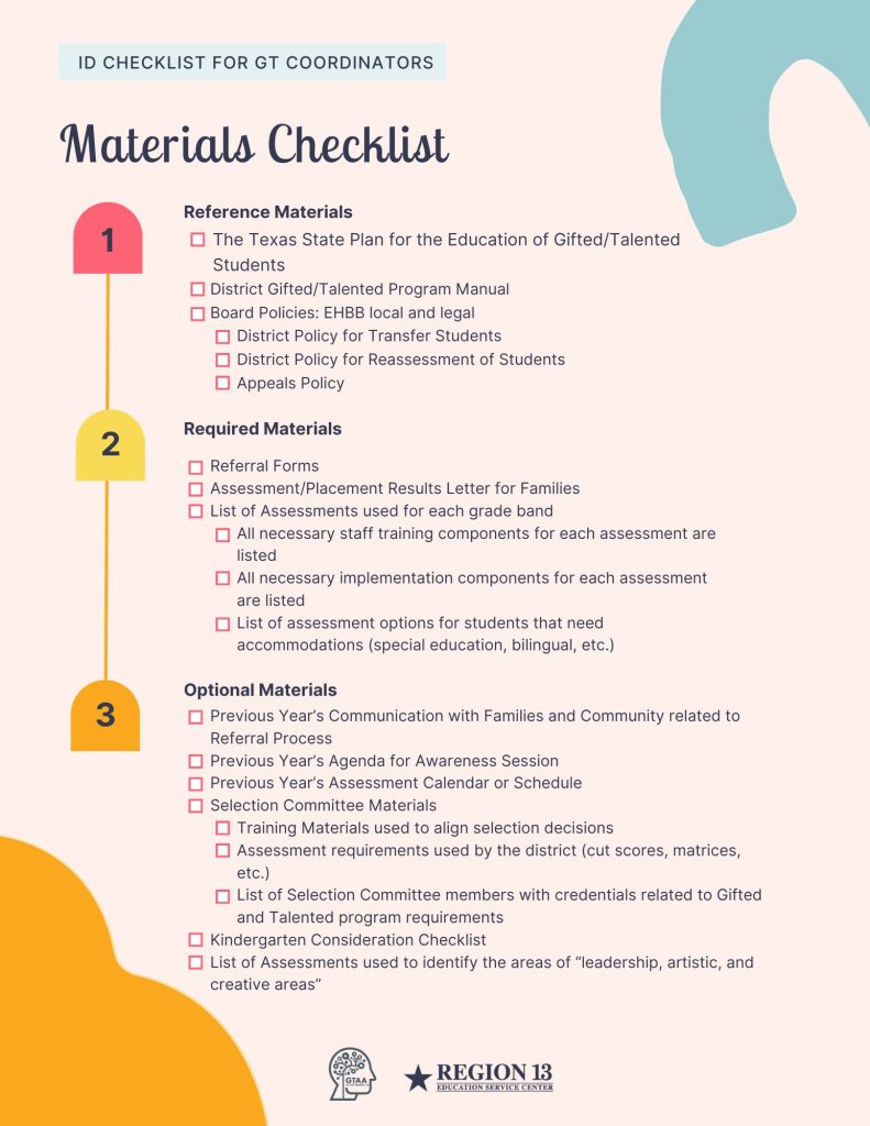 GT ID and Assessment Materials Checklist