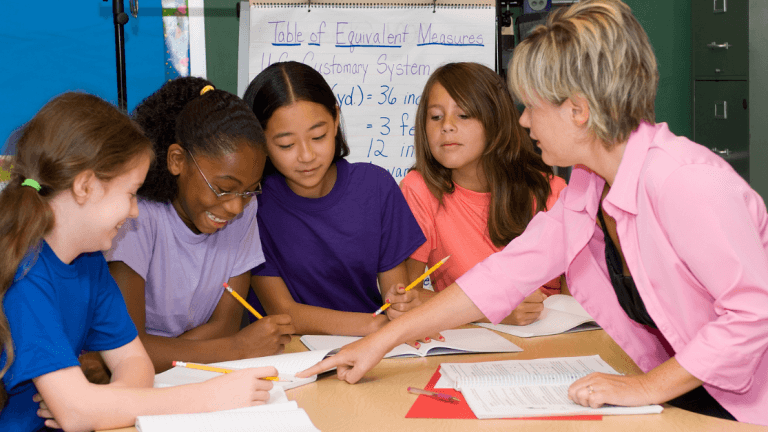 teacher working with small group of students