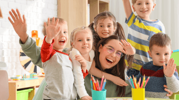 happy teacher and students