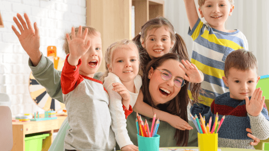 happy teacher and students