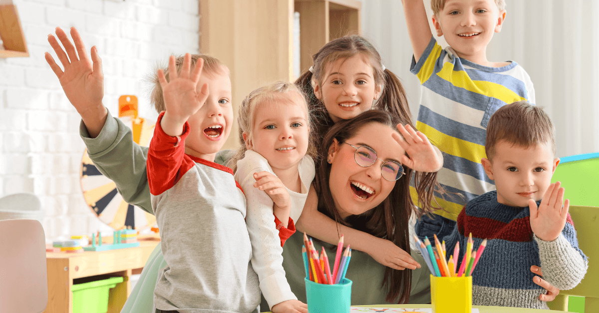 happy teacher and students