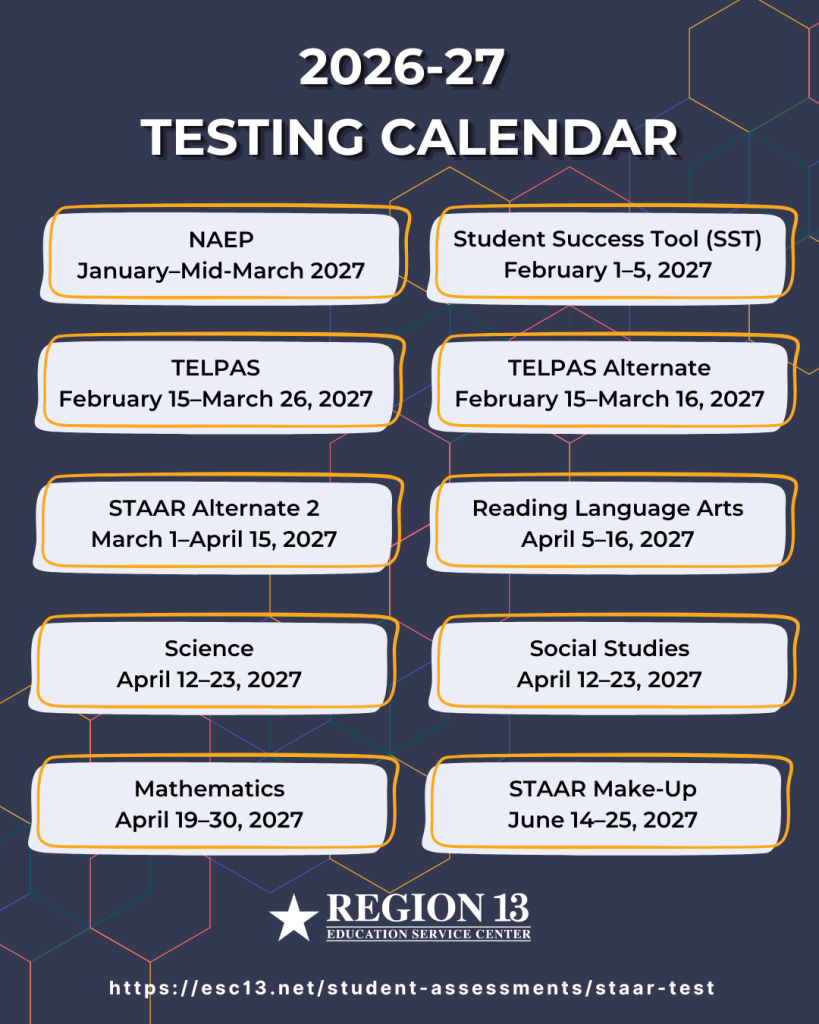 The 2026–2027 Texas State Assessment Testing Calendar.